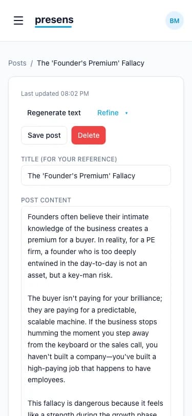 The presens draft editor immediately after saving an idea. The post text is already generated; three image variants are loading in the sidebar.