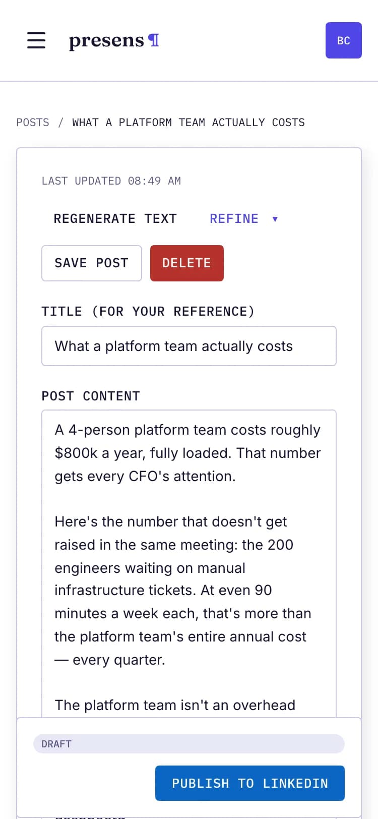 The presens draft editor immediately after saving an idea. The post text is already generated; three image variants are loading in the sidebar.