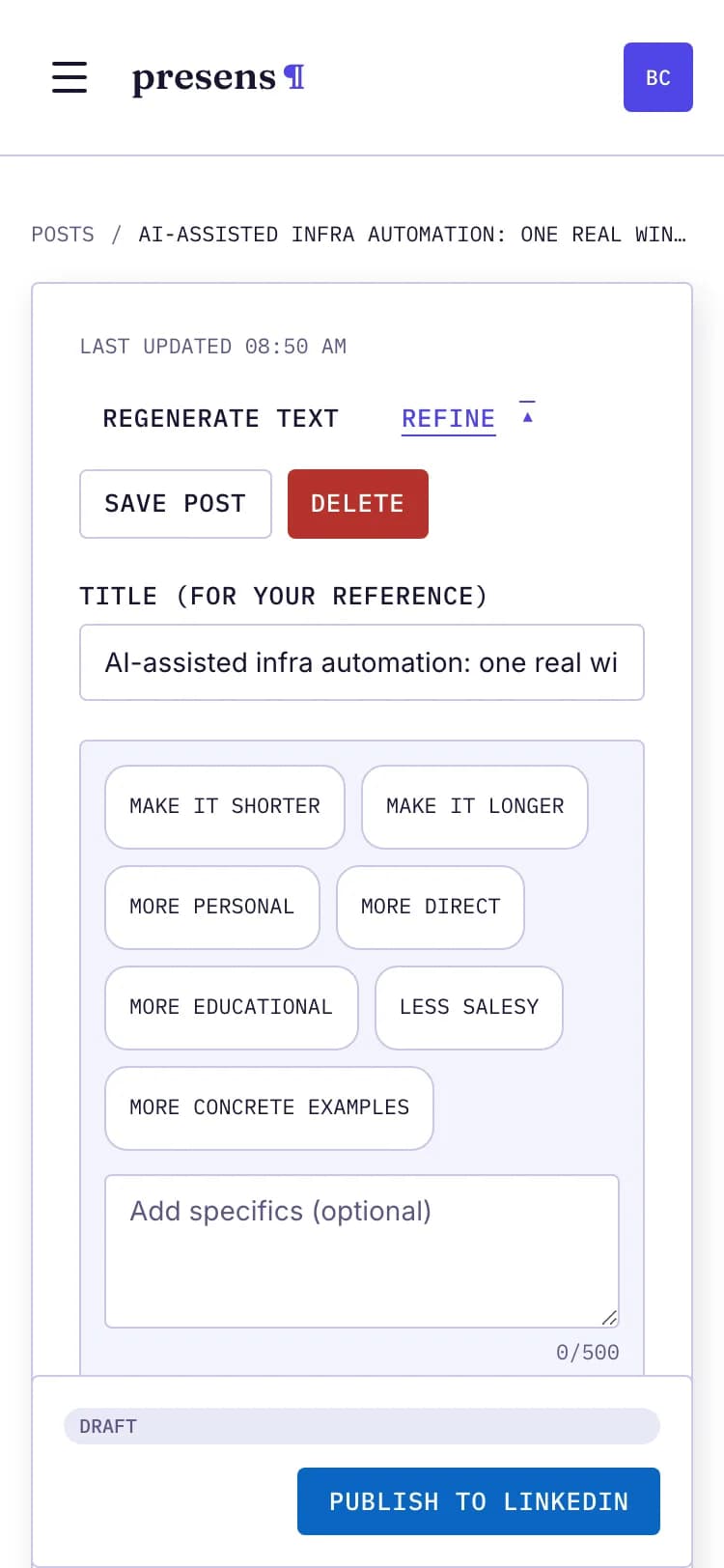 The presens draft editor with a sentence in the post text selected for editing. The textbox shows a focus ring.